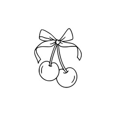 a black and white drawing of a two cherries with a bow