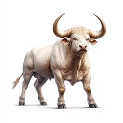 Obraz premium Majestic White Bull Standing Proudly on a White Background Showcasing Its Powerful Build, Strong Horns, and Striking Appearance for Agricultural and Nature Themes