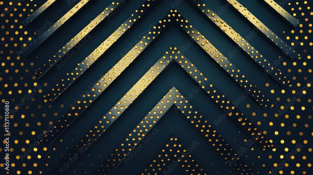 Poster abstract design featuring layered gold chevrons on a dark background with dotted patterns.