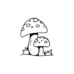 a black and white drawing of a cartoon mushroom in grass