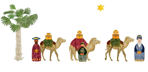 Wise men, magi, a camel with gifts, gold, myrrh, frankincense Christmas star watercolor card. Hand painted art for invitations, posters, stickers, banners, celebration of true Christmas. Cute clip art