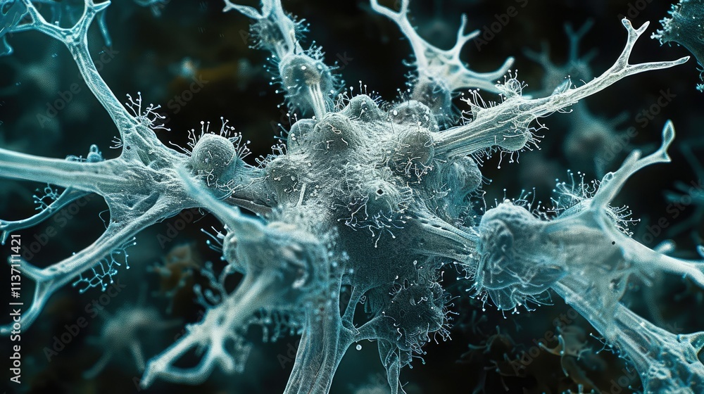 Poster microscopic view of a neuron showcasing its complex structure and connections.
