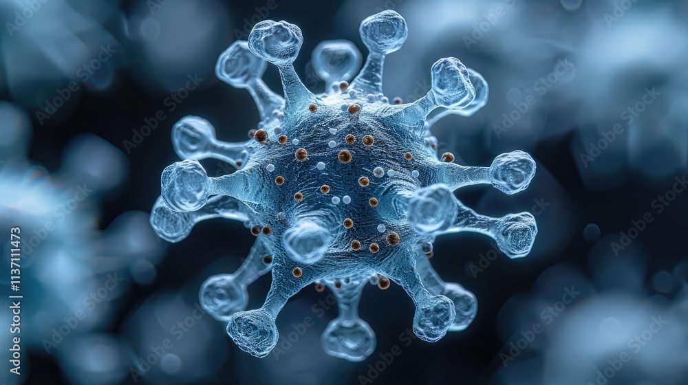 Poster microscopic view of a virus, showcasing its structure and surface features.