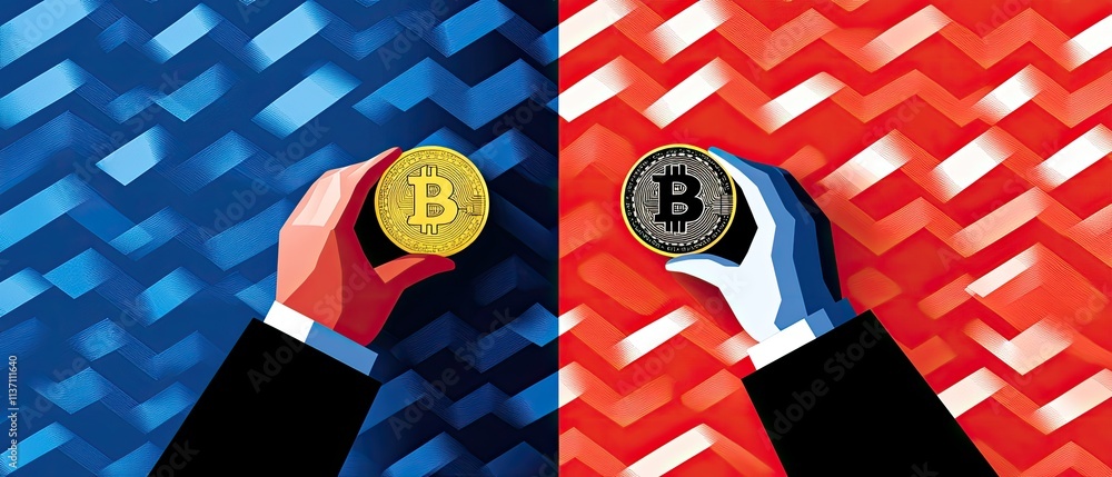 Poster bitcoin currency comparison in a digital bilingual setting with red and blue backgrounds showcasing 