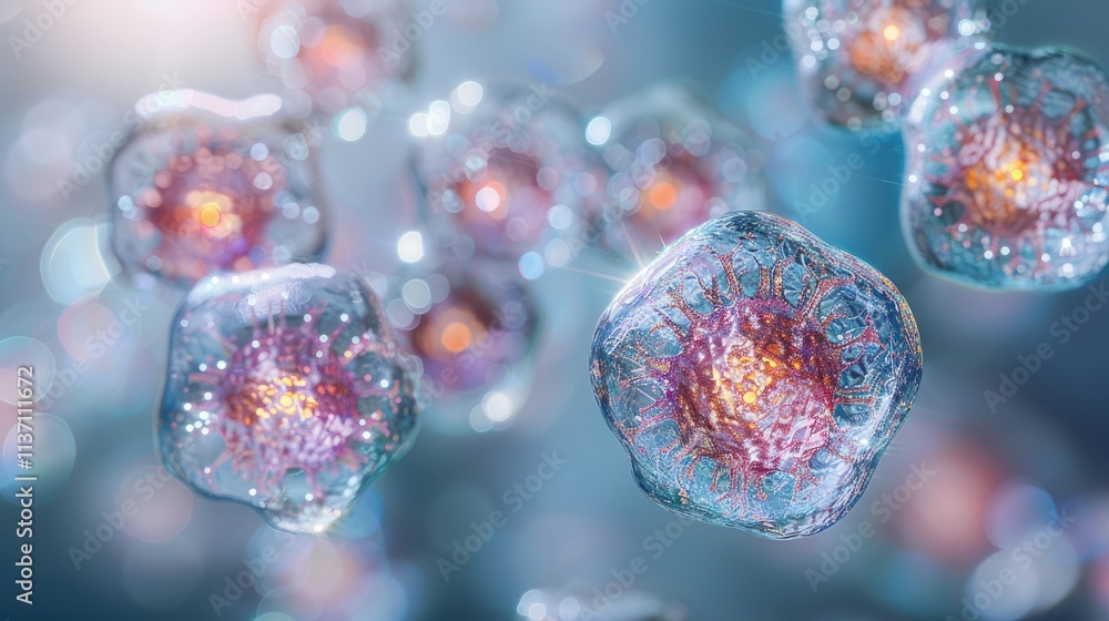 Poster microscopic view of cells showcasing intricate structures and vibrant colors.
