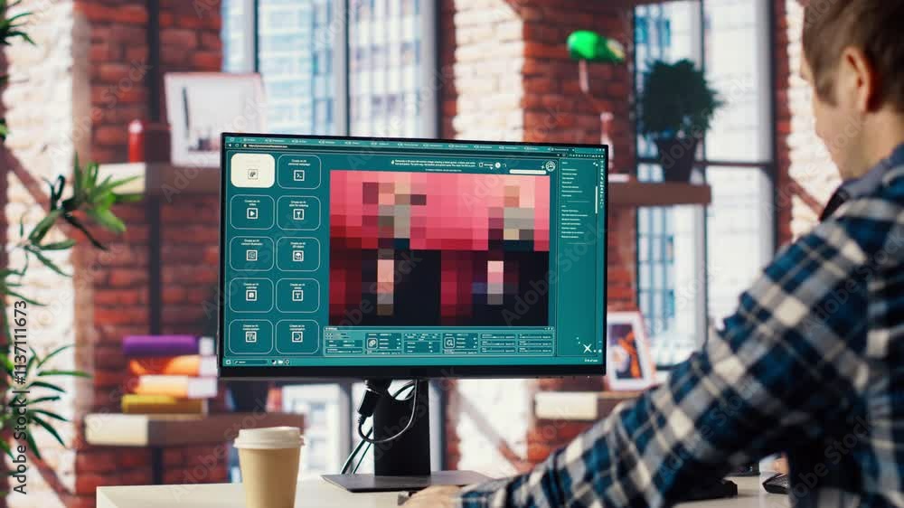 Poster remote employee in home office using ai software turning text prompt into photos. person in apartmen