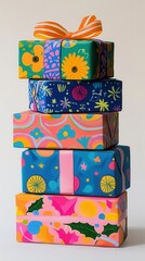 a stack of wrapped gifts, holiday theme, digital painting, vibrant multicolored patterns, isolated on white background
