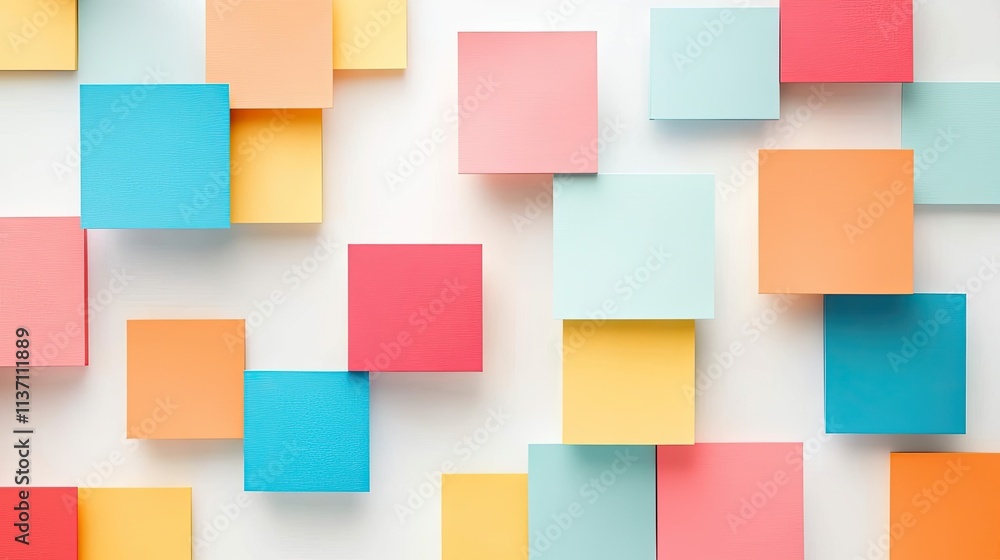Poster colorful array of sticky notes and paper squares arranged on a white background for creative and org