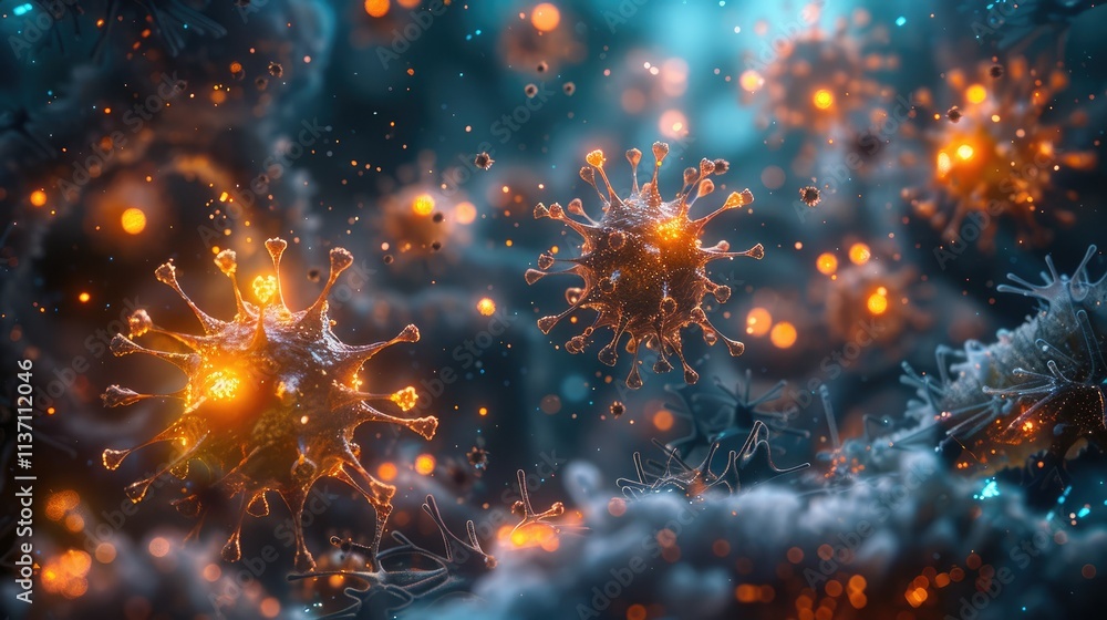 Poster microscopic view of viruses with glowing details in a colorful environment.