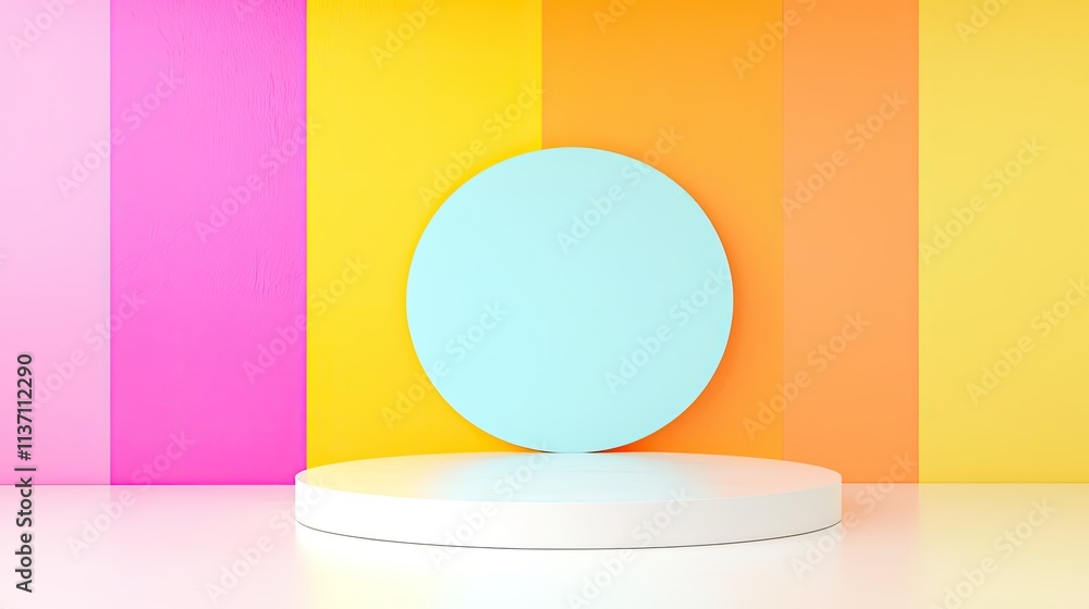 Poster vibrant colorful studio background with round display stand for product presentations and creative p