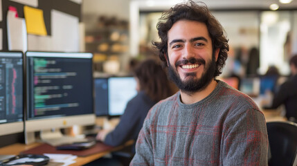 Obraz premium Smiling Latin programmer standing near his monitor full of programming codes. In the background, a work office with colleagues