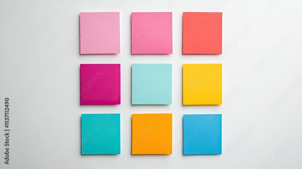 Poster colorful square paper sheets arranged in a grid pattern against a light background for creative proj