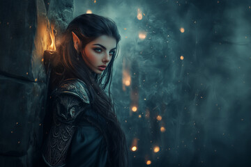 Fototapeta premium Beautiful dark elf woman on ancient castle in the fog background.