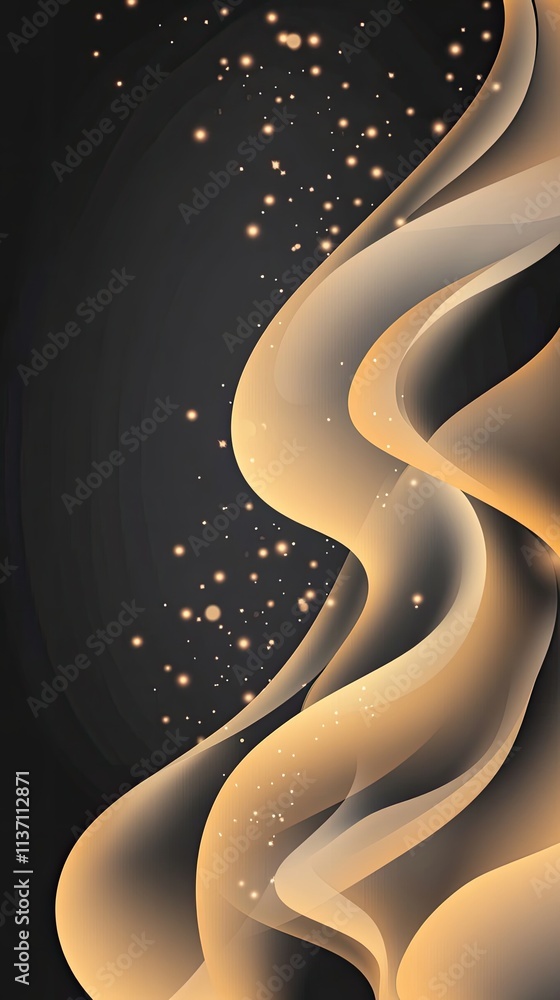 Poster Ethereal Flow of Soft Golden Waves on Dark Background with Sparkling Lights for Abstract Art and Design Use