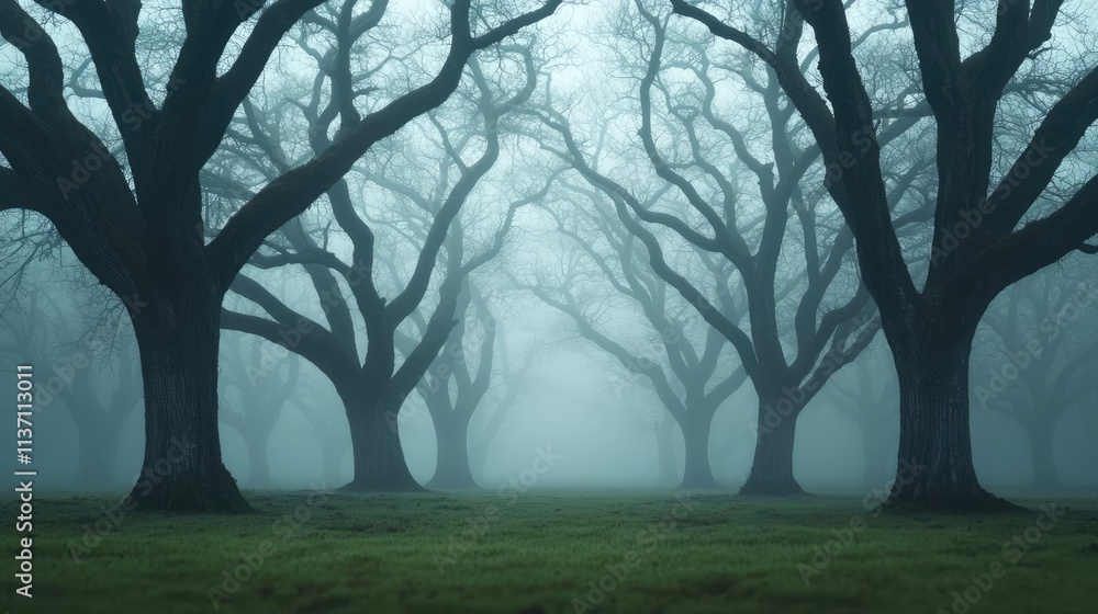Aufkleber mysterious fog idea. mysterious fog-covered forest with barren trees, creating an eerie atmosphere.