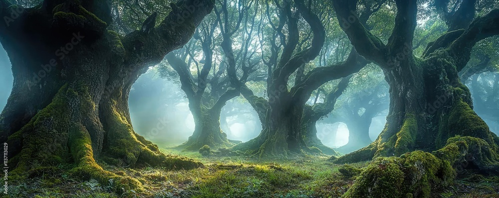 Poster mysterious fog idea. mysterious forest with twisted trees enveloped in mist and vibrant mossy ground
