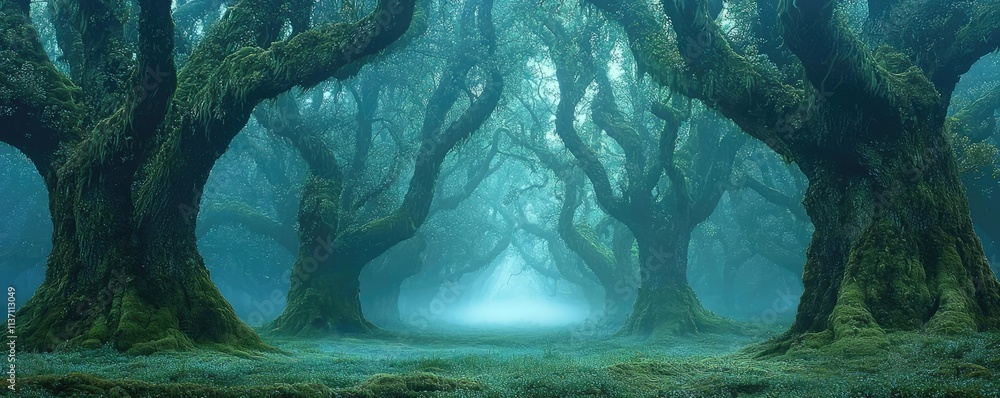 Poster mysterious fog idea. mystical forest with fog and ancient trees creating an enchanting atmosphere.