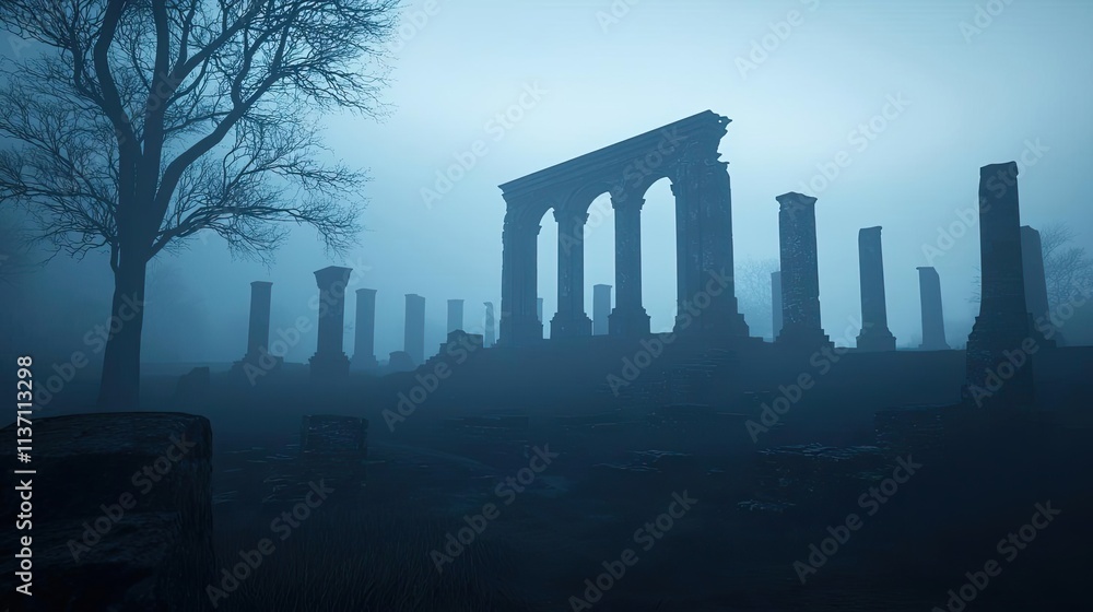 Poster mysterious fog idea. mysterious ruins shrouded in fog, creating an ethereal and historical atmospher