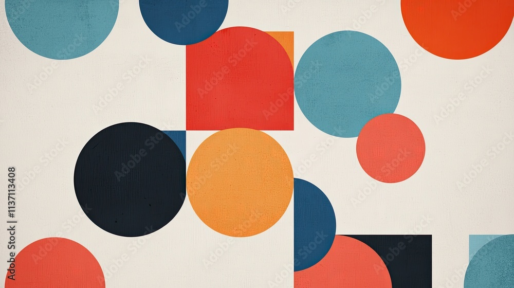Poster abstract geometric shapes in bold colors on a cream background, featuring circles and squares for vi