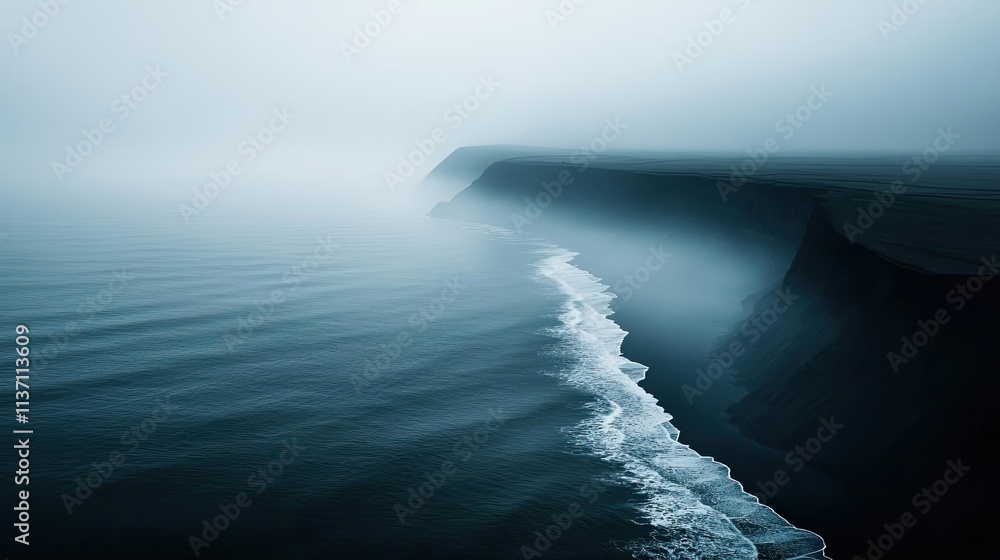 Poster mysterious fog idea. a tranquil coastal scene with misty cliffs and gentle waves creating a serene a