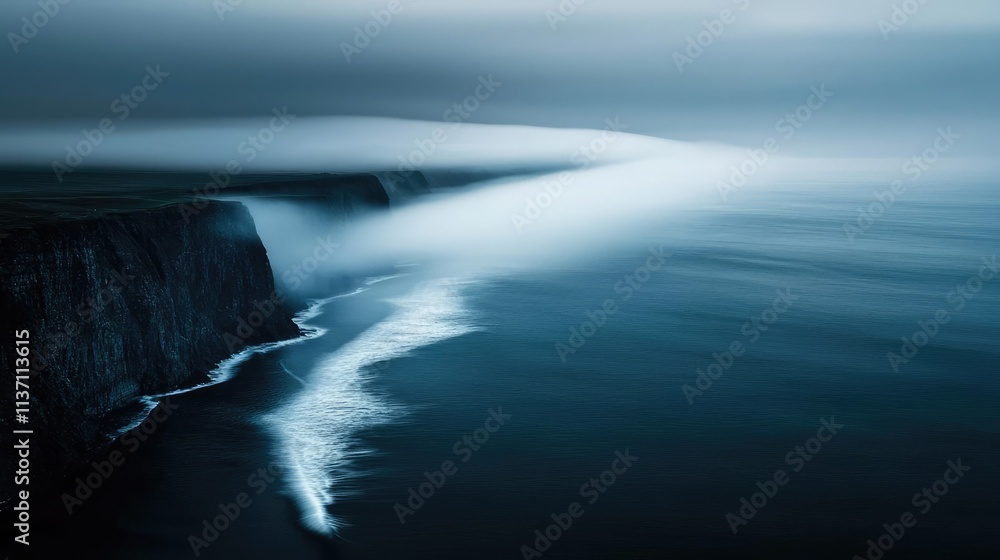 Poster mysterious fog idea. a serene coastal view with misty cliffs and gentle ocean waves under a cloudy s