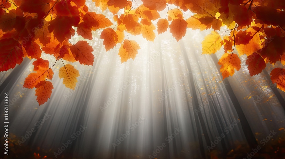 Aufkleber enchanting autumn forest scene with golden leaves and sunbeams filtering through trees, creating a m