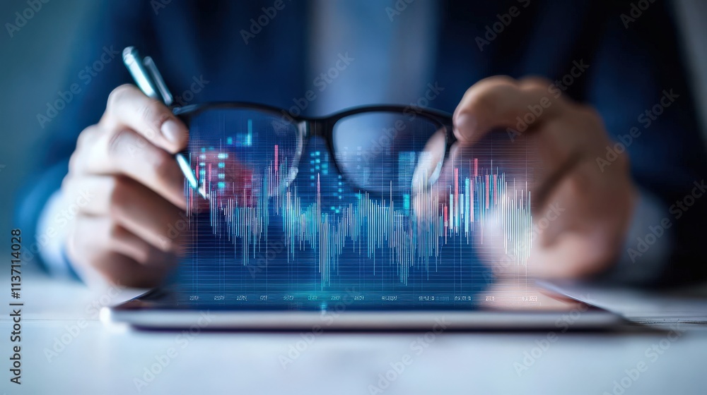 Poster Business Professional Analyzing Digital Financial Data on Tablet with Augmented Reality Graphs and Charts Representing Market Trends and Investment Opportunities