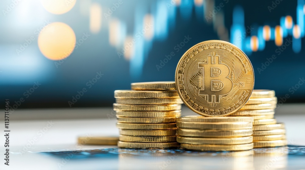 Poster Bitcoin Cryptocurrency Stacked on Top of Each Other with Blurred Financial Graph in Background Representing Digital Finance and Investment Trends