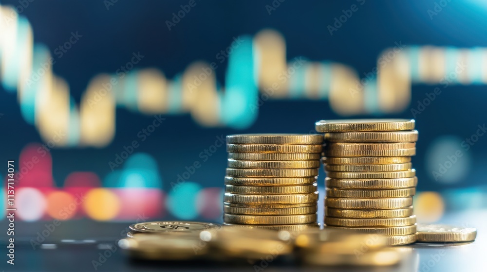 Poster stacks of shiny coins in the foreground with a blurred financial graph representing investment growt