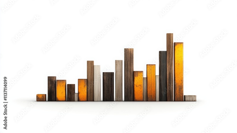 Poster abstract representation of wooden bar graph against white background with varying heights and bold c