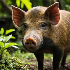 Close-up Portrait of a Visayan Warty Pig in its Lush Tropical Habitat