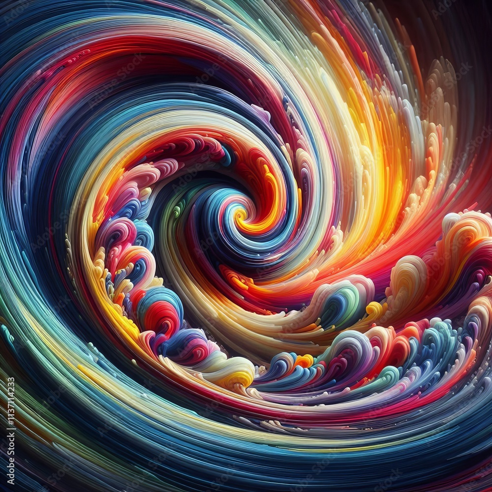 Poster a vibrant abstract composition featuring a swirling motion of multicolored paint, blending together 
