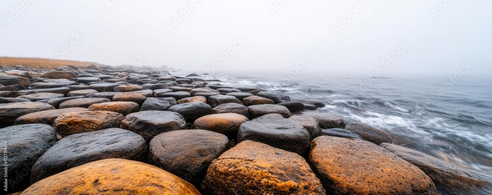 Poster mysterious fog idea. serene coastal view featuring rounded rocks and gentle waves under a misty sky.