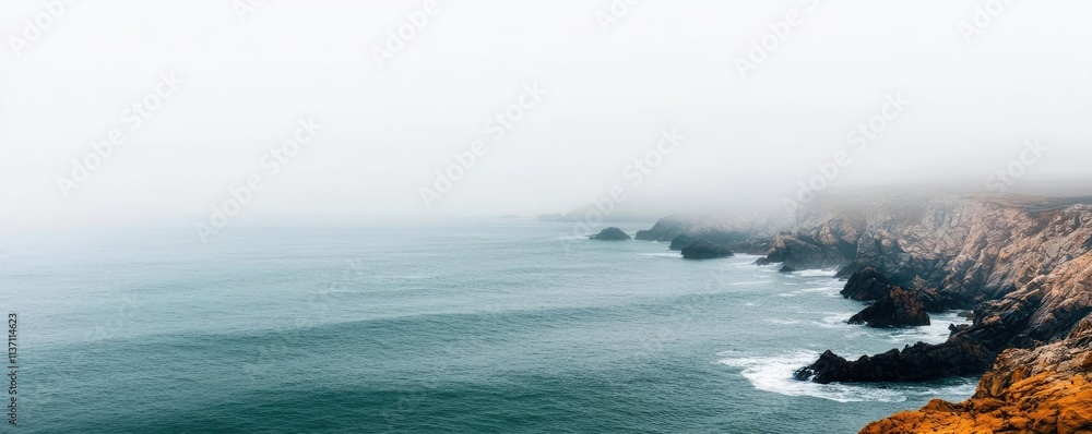 Poster mysterious fog idea. a serene coastal view shrouded in mist with dramatic cliffs and gentle waves.