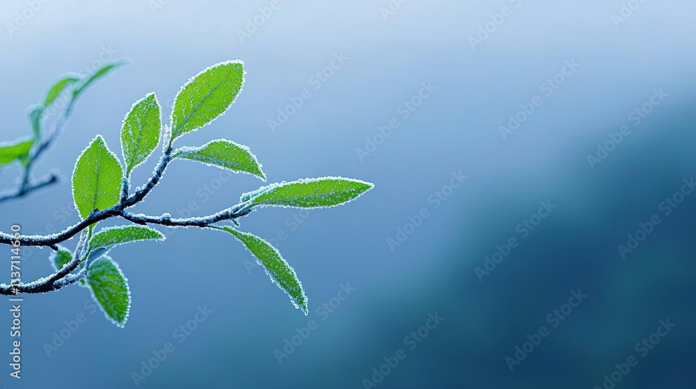 Poster mysterious fog idea. a close-up of green leaves on a branch with a soft blue background, symbolizing