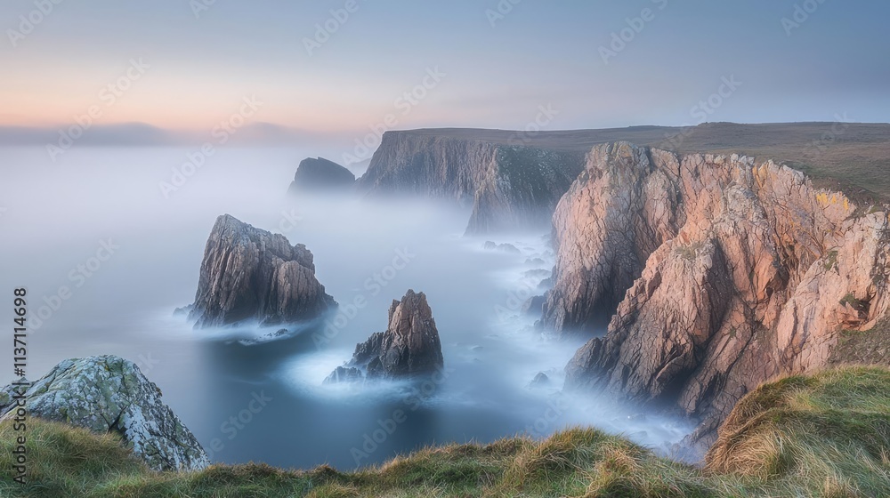 Poster mysterious fog idea. serene coastal cliffs at dawn with mist rolling over the ocean waves.