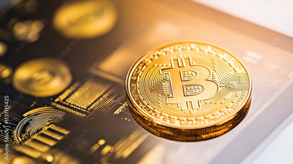 Aufkleber golden bitcoin coin surrounded by digital cryptocurrency elements with modern technology background 