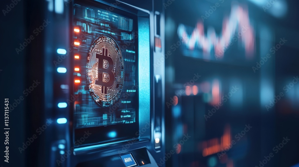 Aufkleber Bitcoin ATM in a Modern Financial Environment with Digital Currency Graphics and Cryptocurrency Trends Displayed on a Background Monitor