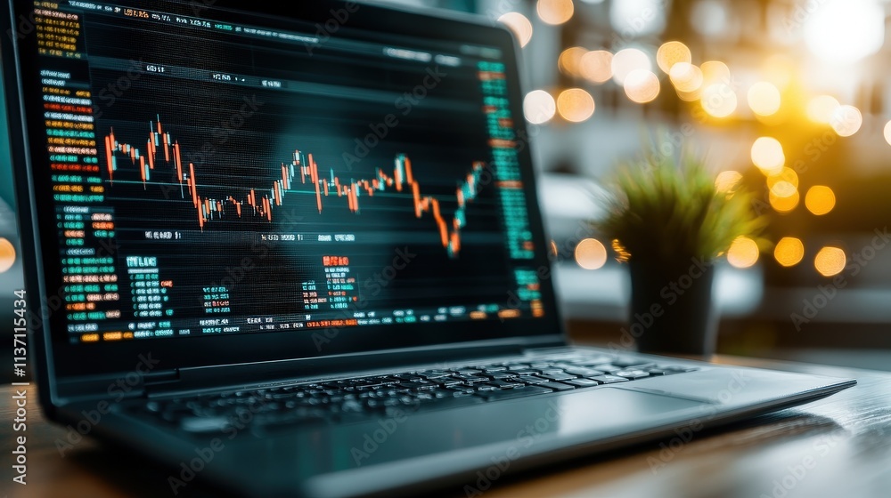 Poster sleek laptop displaying financial market data with colorful graphs and candlestick charts reflecting