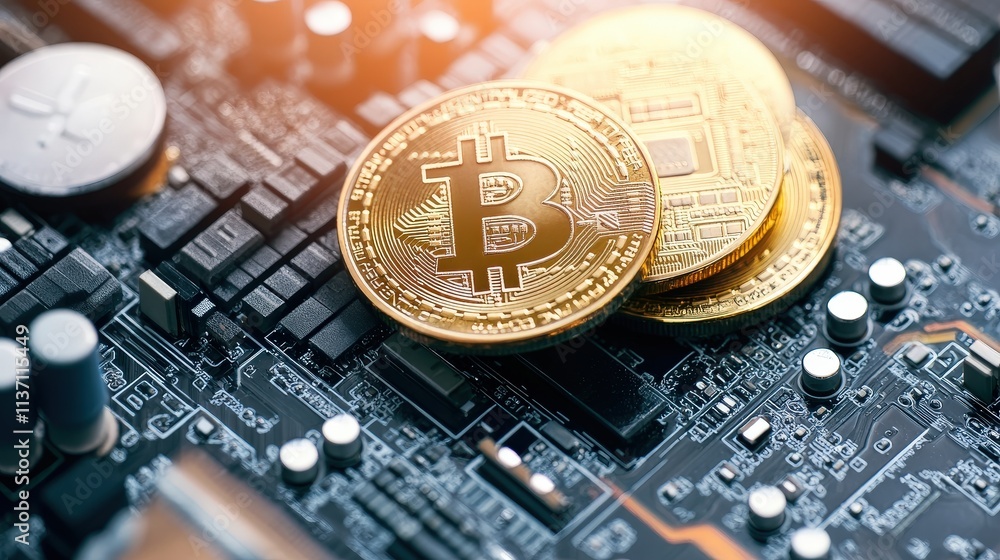 Poster close-up view of bitcoin coins on a circuit board with microchips and electronic components, symboli