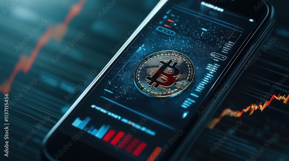 Poster Close-up View of Smartphone Displaying Bitcoin Data and Graphs, Illustrating Cryptocurrency Trading and Investment Trends for Financial Technology