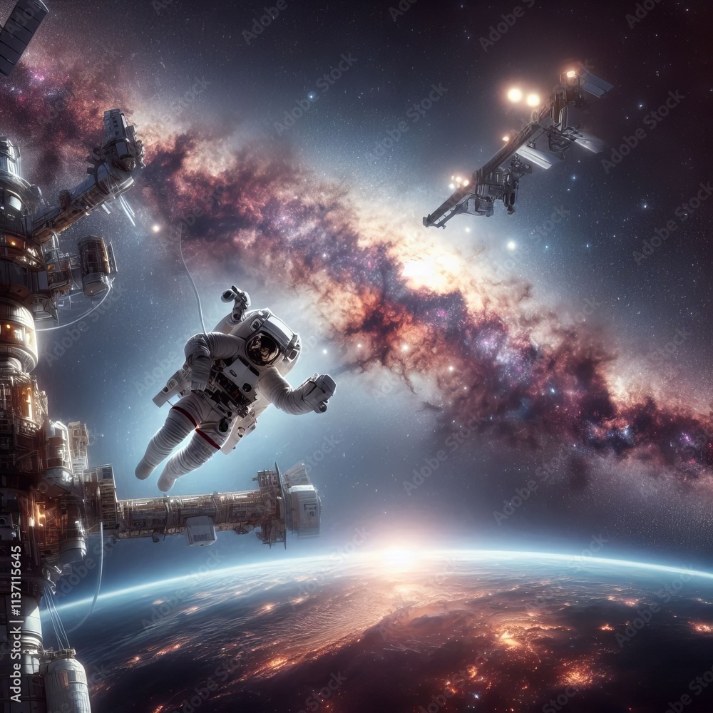 Poster astronauts floating outside a space station with the milky way stretching across the sky behind them