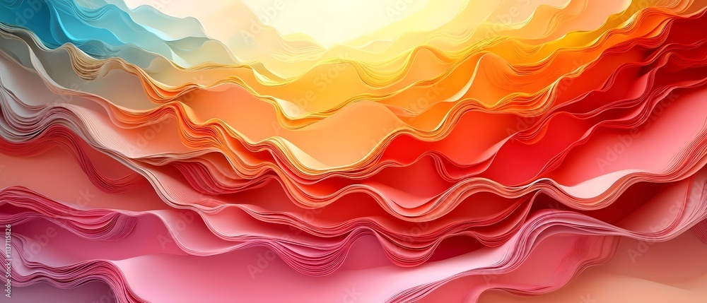Poster a vibrant abstract design featuring wavy layers of warm hues, including soft reds, oranges, and pink
