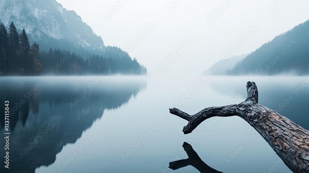 Poster mysterious fog idea. a serene lake scene with a misty atmosphere and a lone tree branch extending in