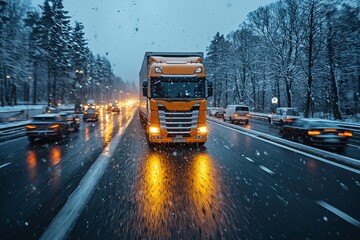 Obraz premium Truck Driving on Snowy Highway During Winter Storm