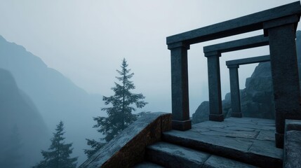 Mysterious fog idea. Mysterious stone structure perched on mountain ledge, shrouded in mist and fog.