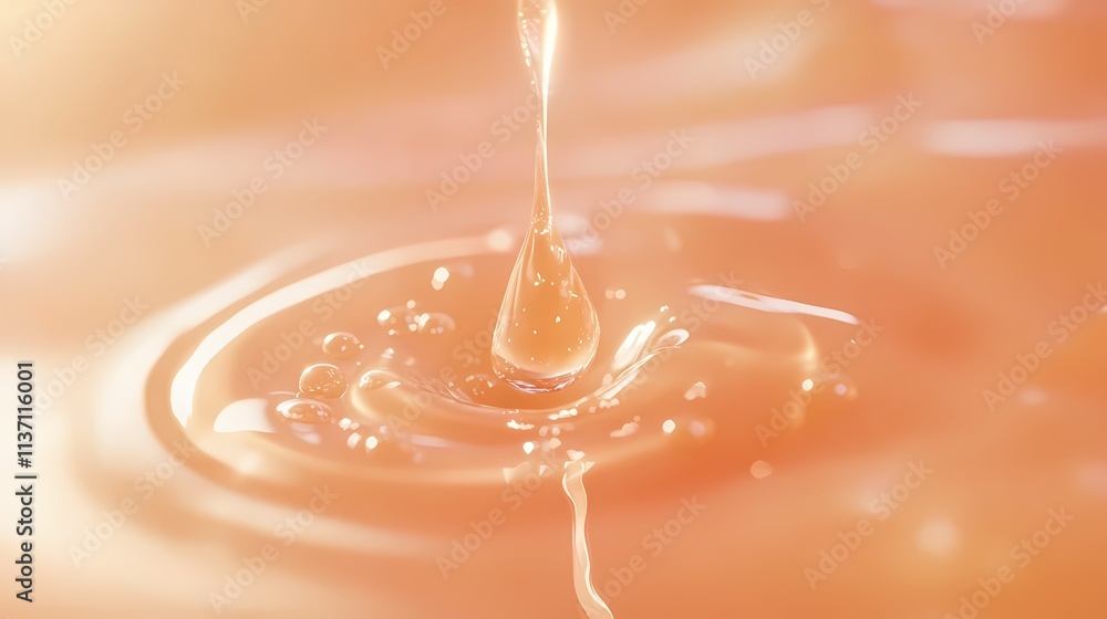 Poster close-up of a golden liquid drop falling into a still surface, creating ripples and bubbles.