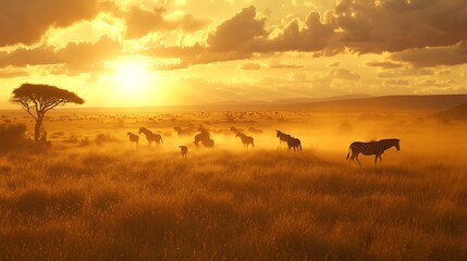 Naklejka premium Golden Sunset Over African Savanna With Zebras