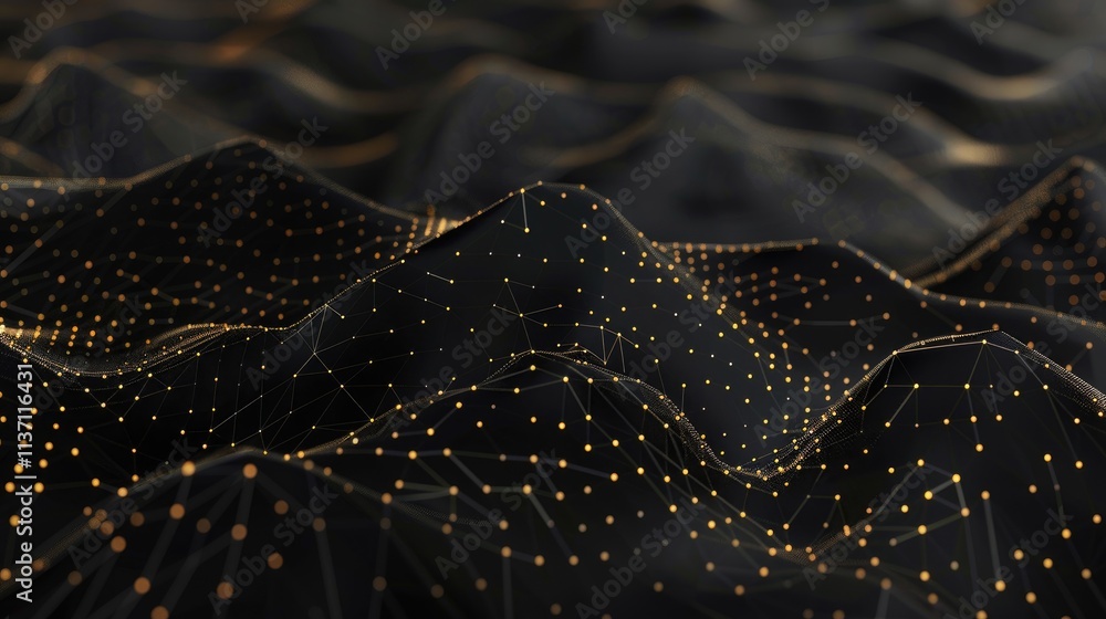 Poster abstract representation of a landscape with glowing dots and lines on a dark surface.
