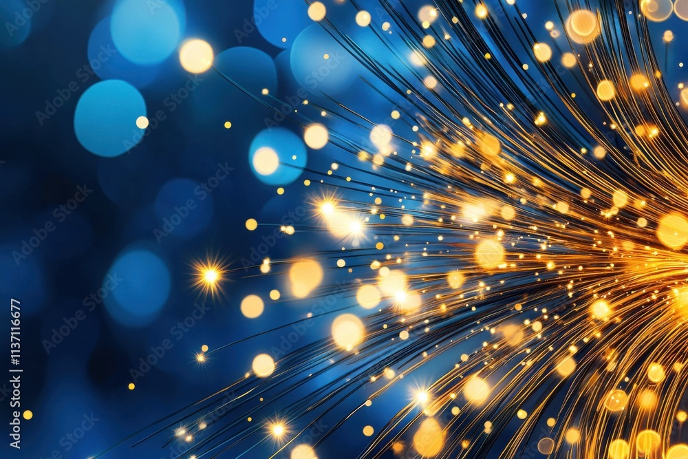 Poster vibrant abstract background with golden sparkles and blue bokeh lights creating an enchanting atmosp